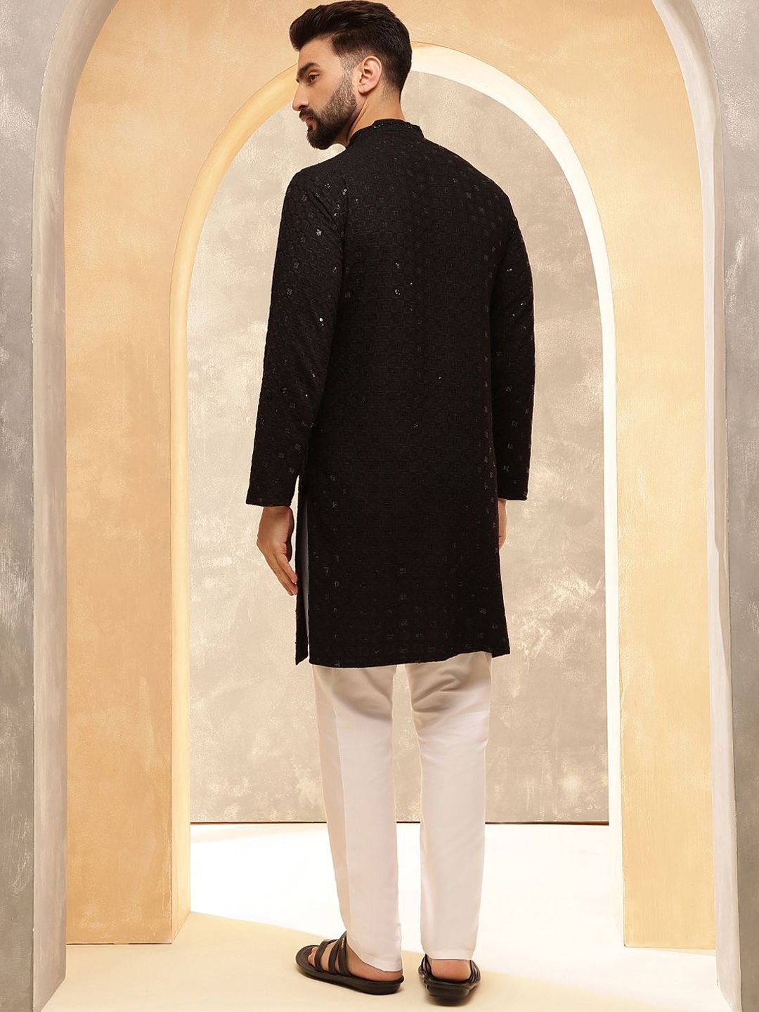 Anouk Black Mandarin Collar Geometric Embroidered Sequinned Pure Cotton Straight Kurta