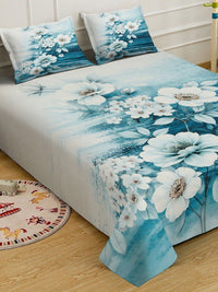 KLOTTHE White & Blue Floral Printed Flat 300 TC King Fine Bedsheet With 2 Pillow Cover