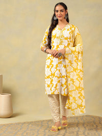 Mamicha Women Floral Printed Regular Mirror Work Pure Cotton Kurta with Trousers & With Dupatta