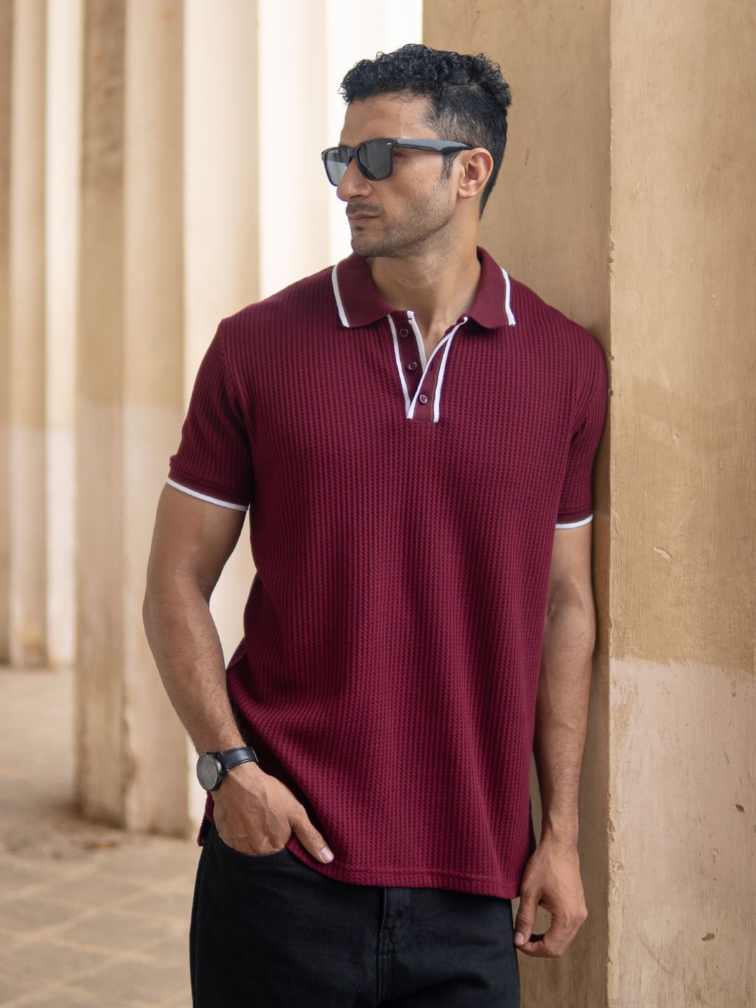 Powerlook Men Maroon Self Design Structured Polo Collar T-shirt