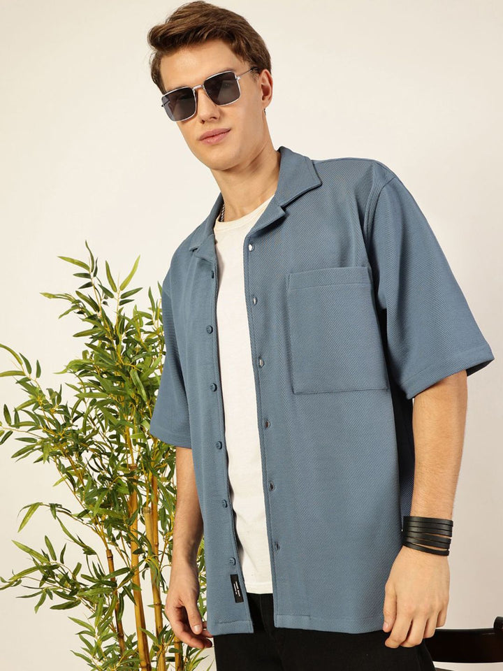 Thomas Scott Men Premium Cuban Collar Textured Cotton Casual Shirt