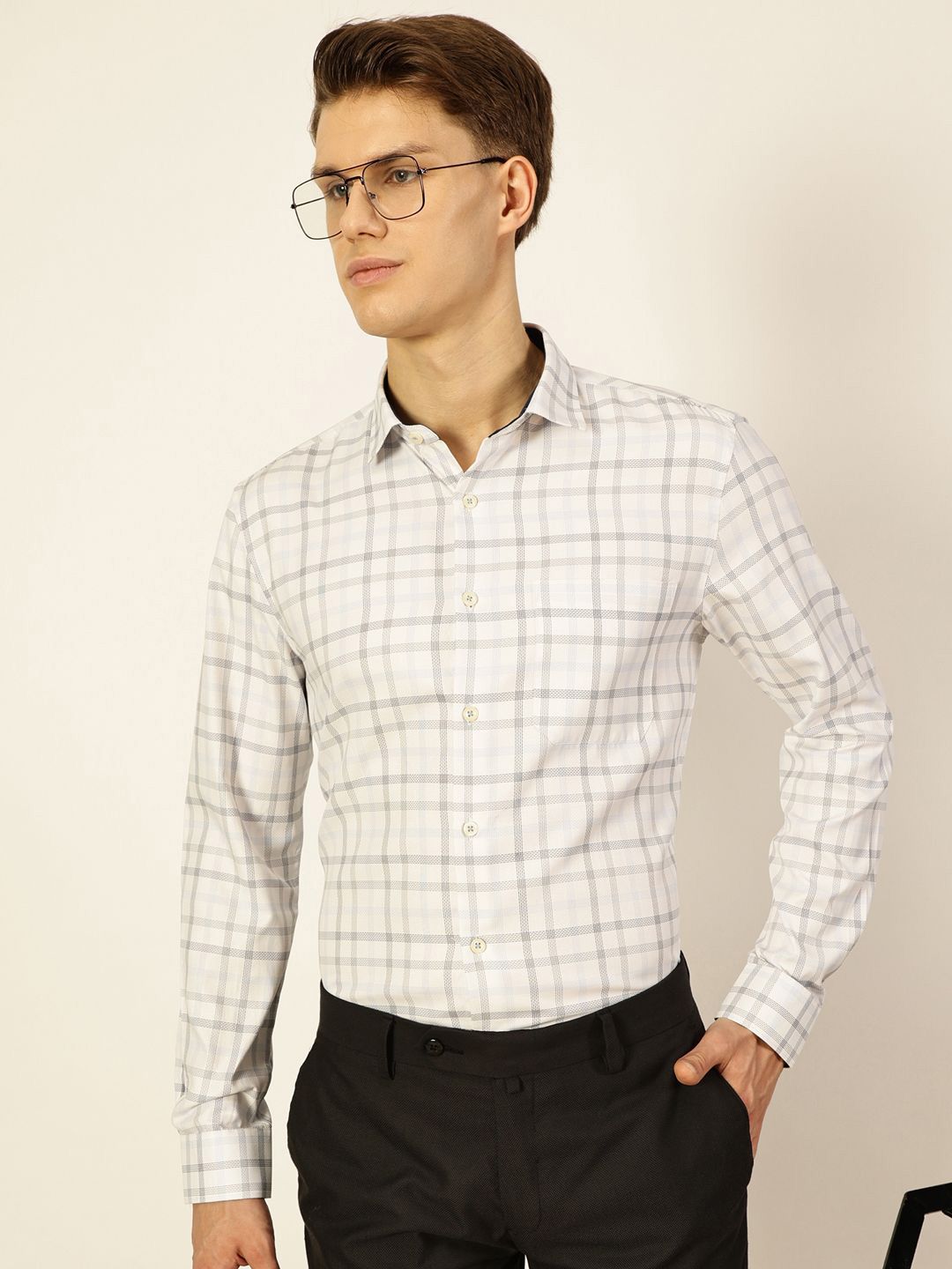 Thomas Scott Men Smart Cutaway Collar Checked Cotton Formal Shirt