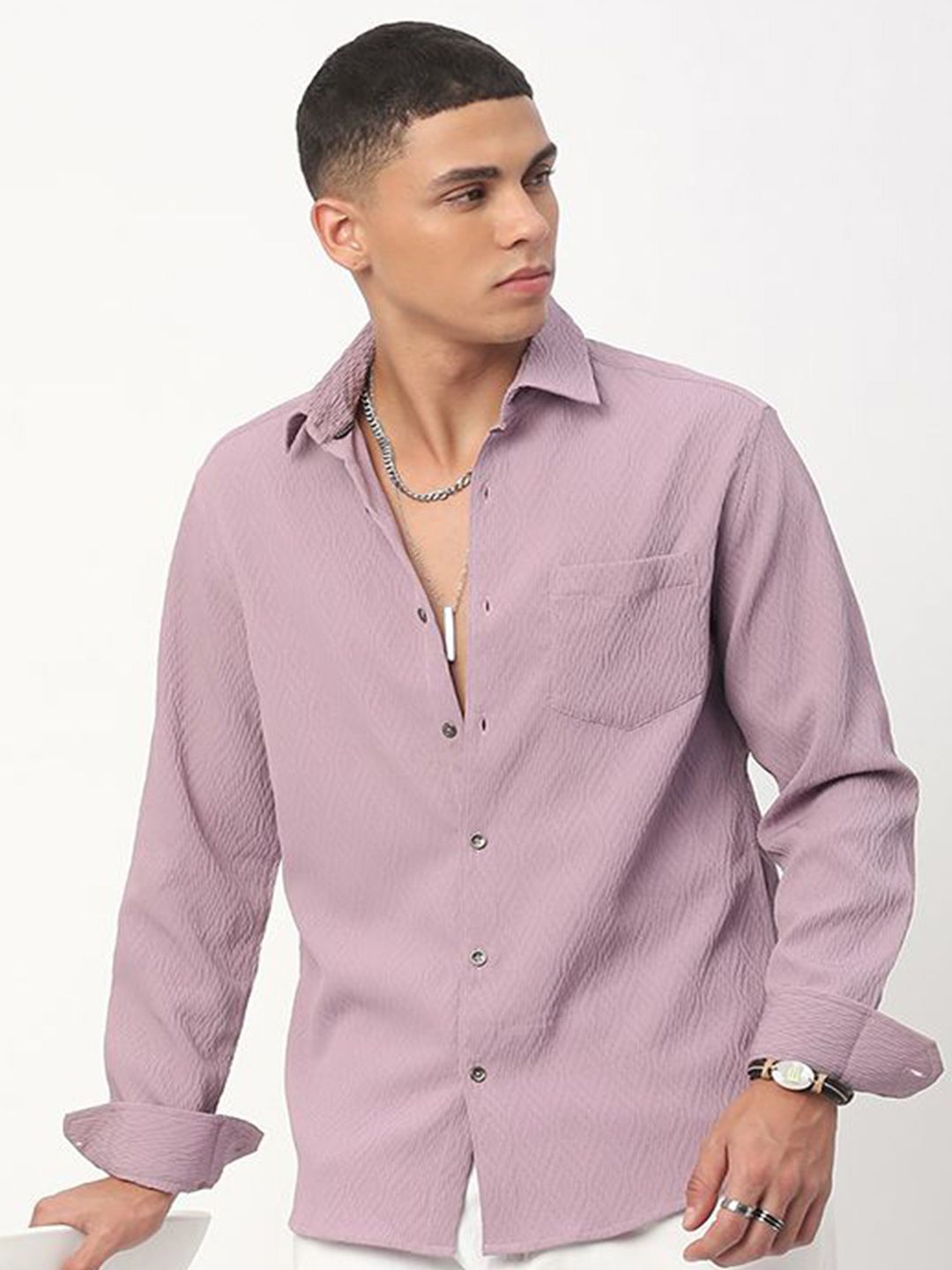 VASTRADO Men Classic Spread Collar Textured Solid Slim Fit Casual Shirt