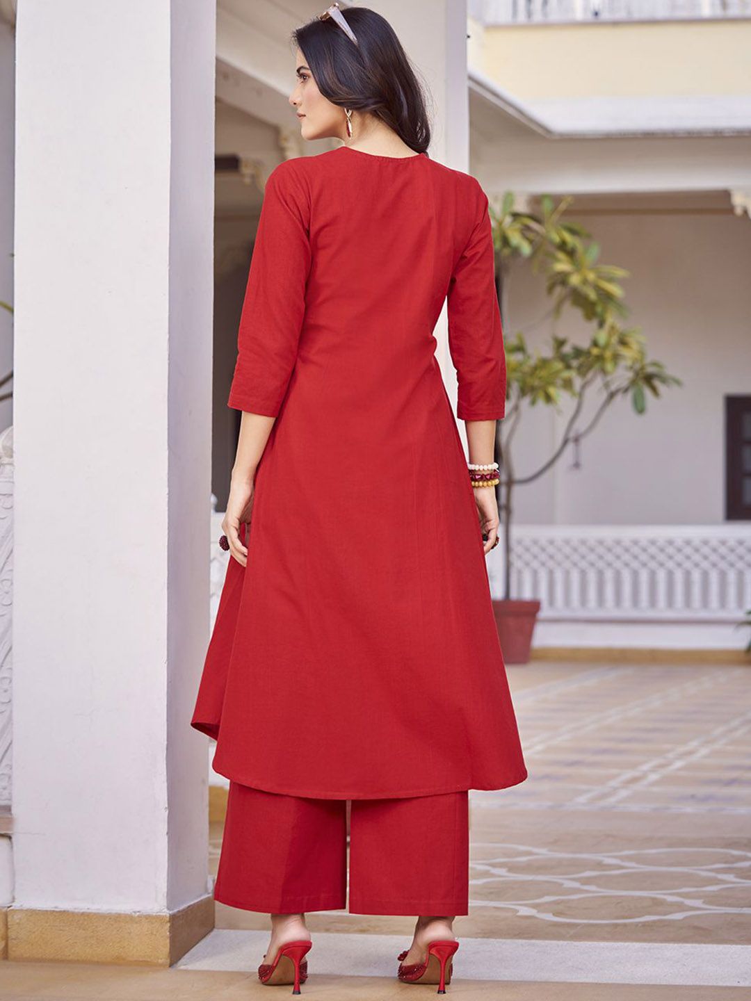 KALINI Pure Cotton Pleated A-Line Kurta with Trousers