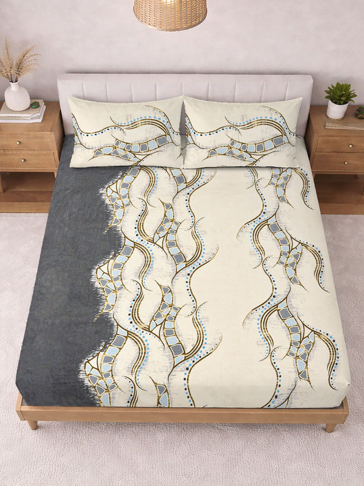 KLOTTHE Cream Color & Blue Printed 300 TC Double Bedsheet & 2 Pillow Covers-2.5 m x 2.25 m