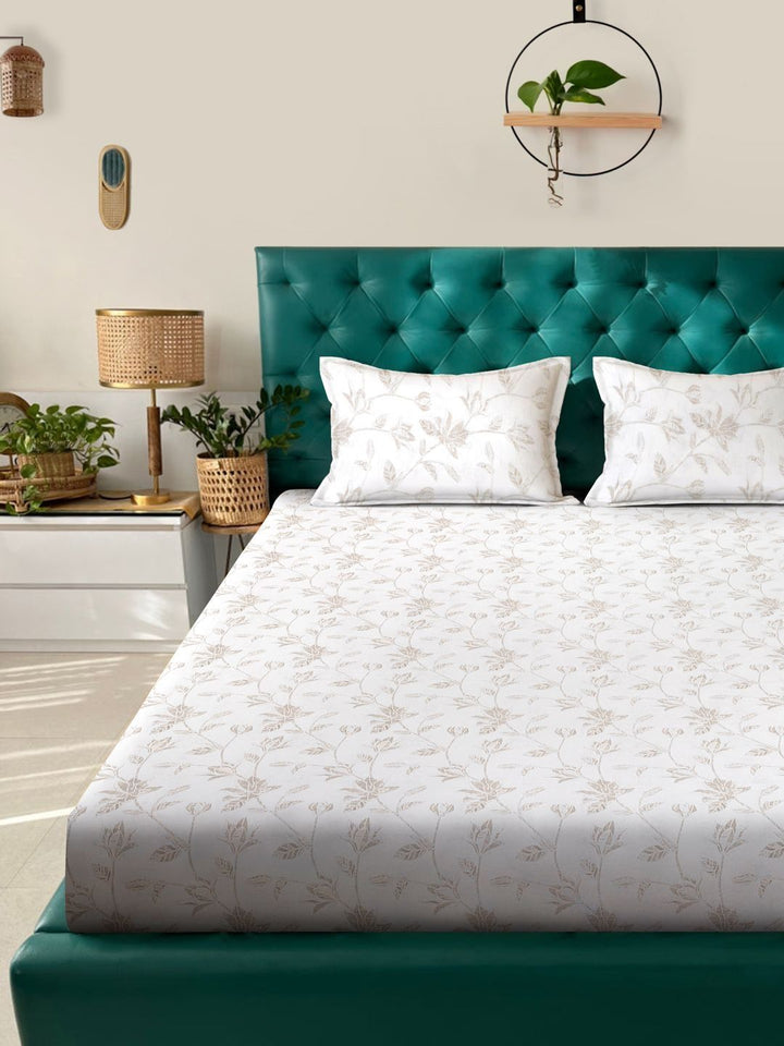Myntra Elegant Homes White & Brown Floral 400 TC Bedsheet with 2 Pillow Covers