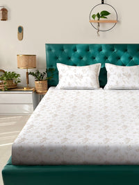Myntra Elegant Homes White & Brown Floral 400 TC Bedsheet with 2 Pillow Covers