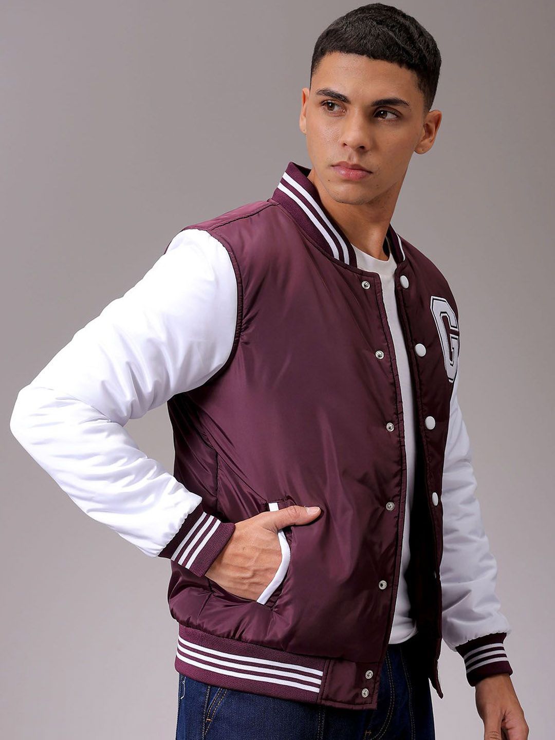 The Indian Garage Co Men Stand Collar Typography Printed Casual Varsity Jacket