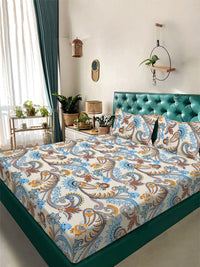 Aura Cream Colored & Blue Printed Set Cadar King 300 TC 2.5 m x 2.25 m