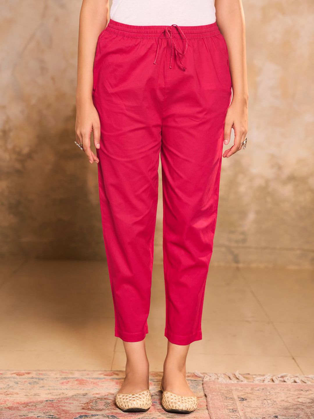 House of Chikankari Women Magenta Cotton Solid Pant