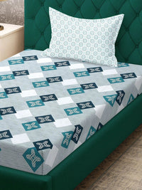 Myntra Elegant Homes Turquoise Blue & White Geometric 400 TC Single Bedsheet with 1 Pillow Covers