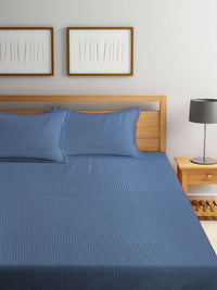 Myntra Elegant Homes Book Fold Blue Striped Polycotton 300 TC King Fine Bedsheet with 2 Pillow Covers-98 x 87 inches