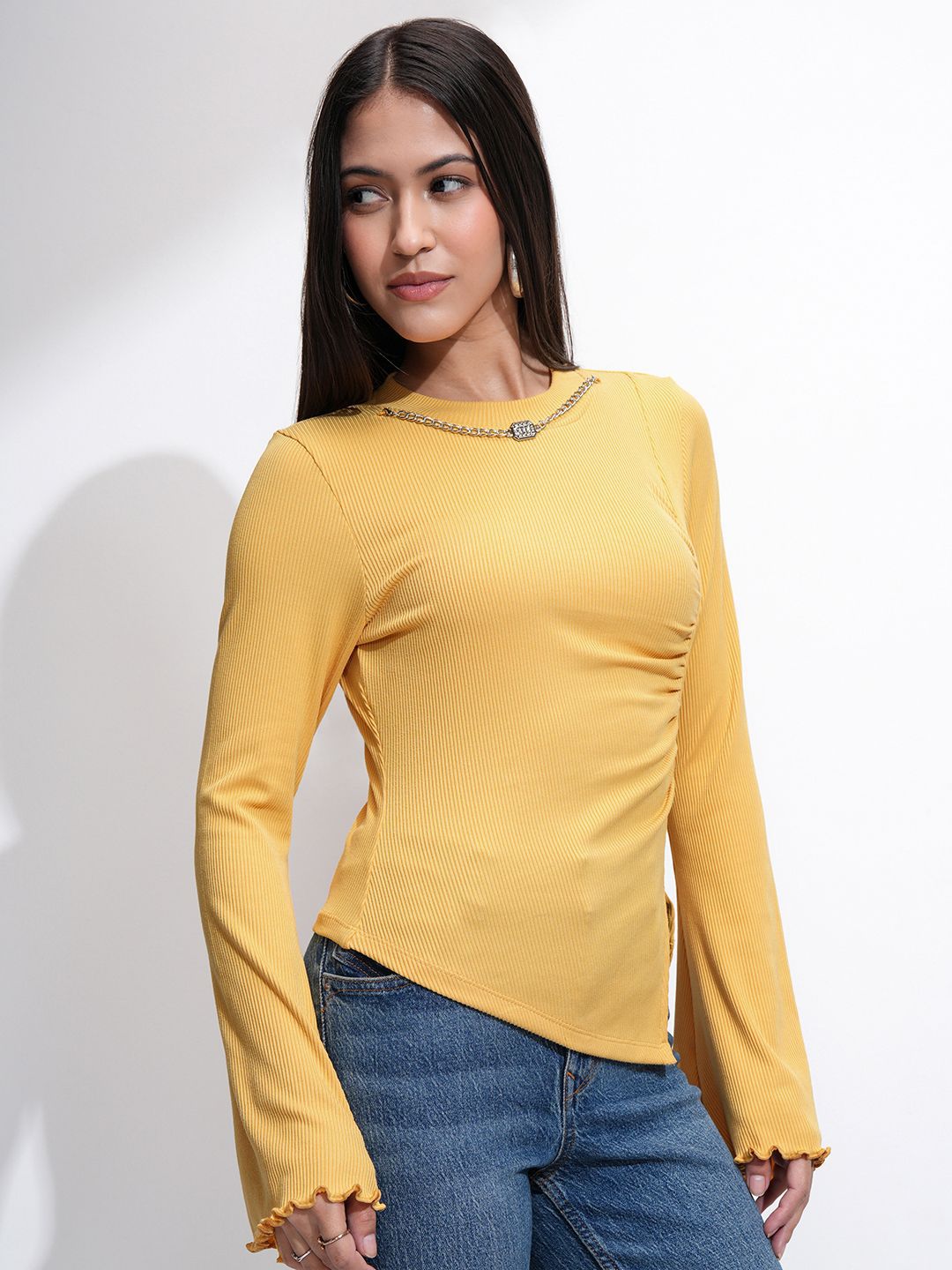 Tokyo Talkies Women Ribbed Mock Neck Bell Sleeve Fitted Top