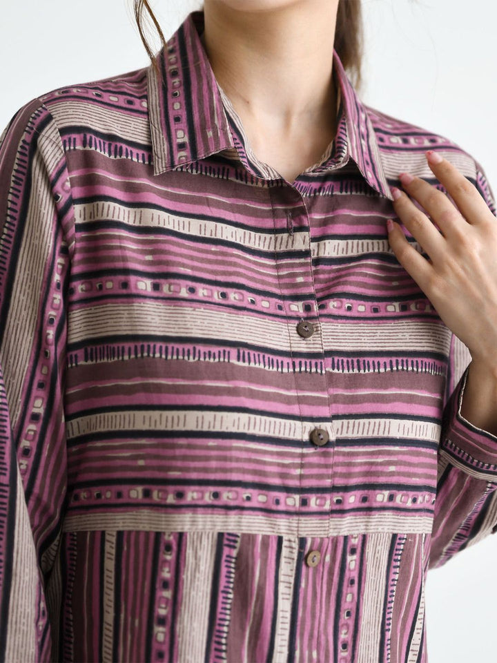 Rustorange Women Striped Cotton Shirt Collar Shirt Midi Dress