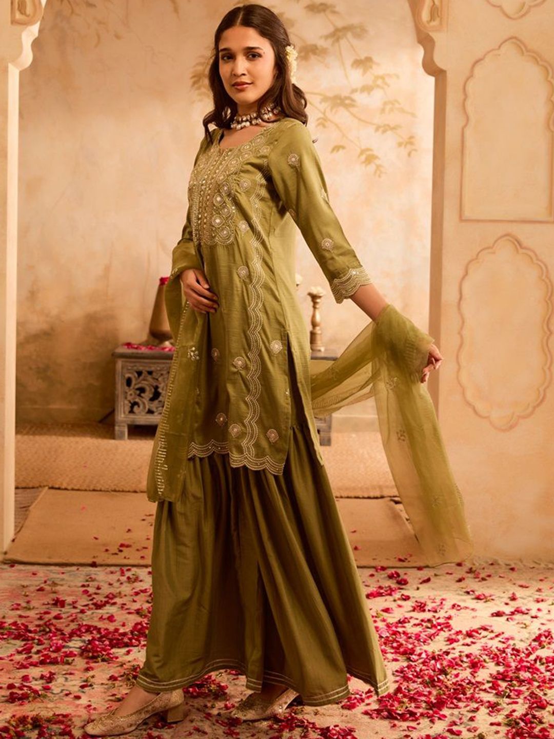 Bani Women Floral Embroidered Sequinned Straight Kurta with Palazzos & Dupatta