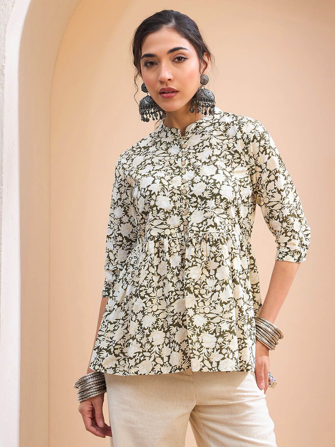 Shae by SASSAFRAS Floral Printed Pure Cotton Pleated Kurti
