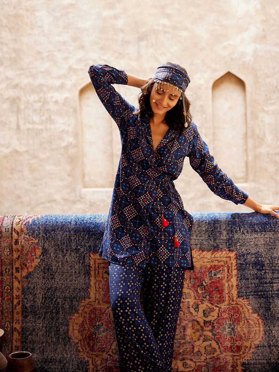 Global Desi Printed Lapel Collar Tunic With Trousers