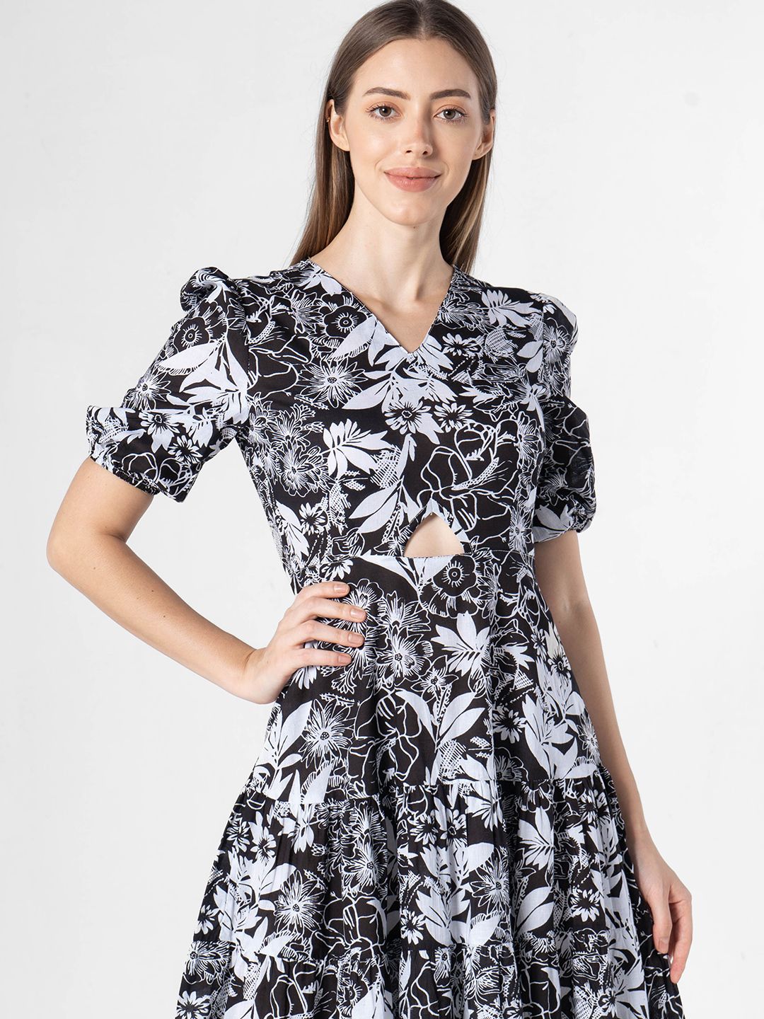 SANSKRUTIHOMES Women Fit & Flare Puff Sleeves Midi Dress