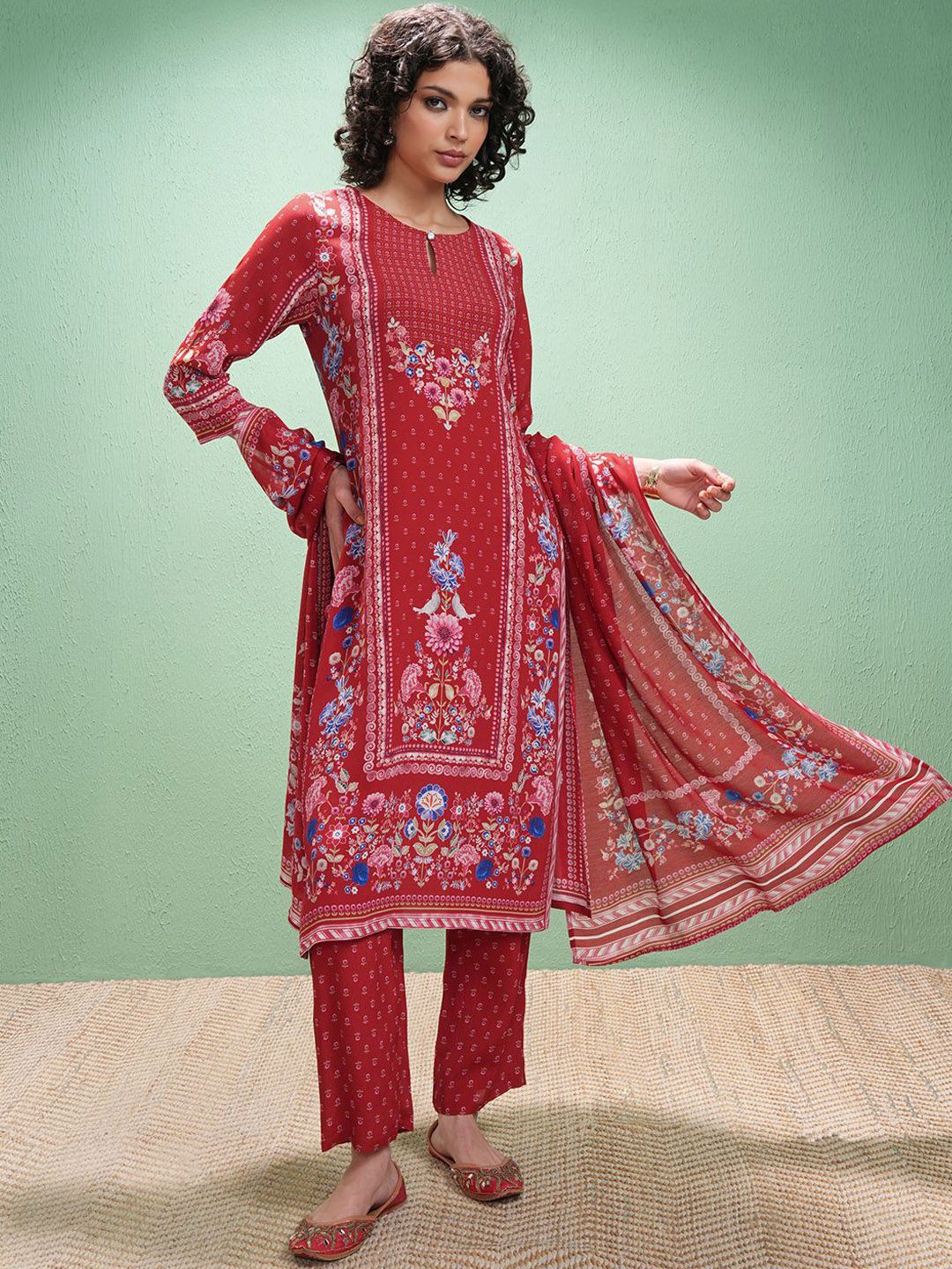 Vishudh Floral Printed Keyhole Neck Straight Kurta With Trousers & Dupatta