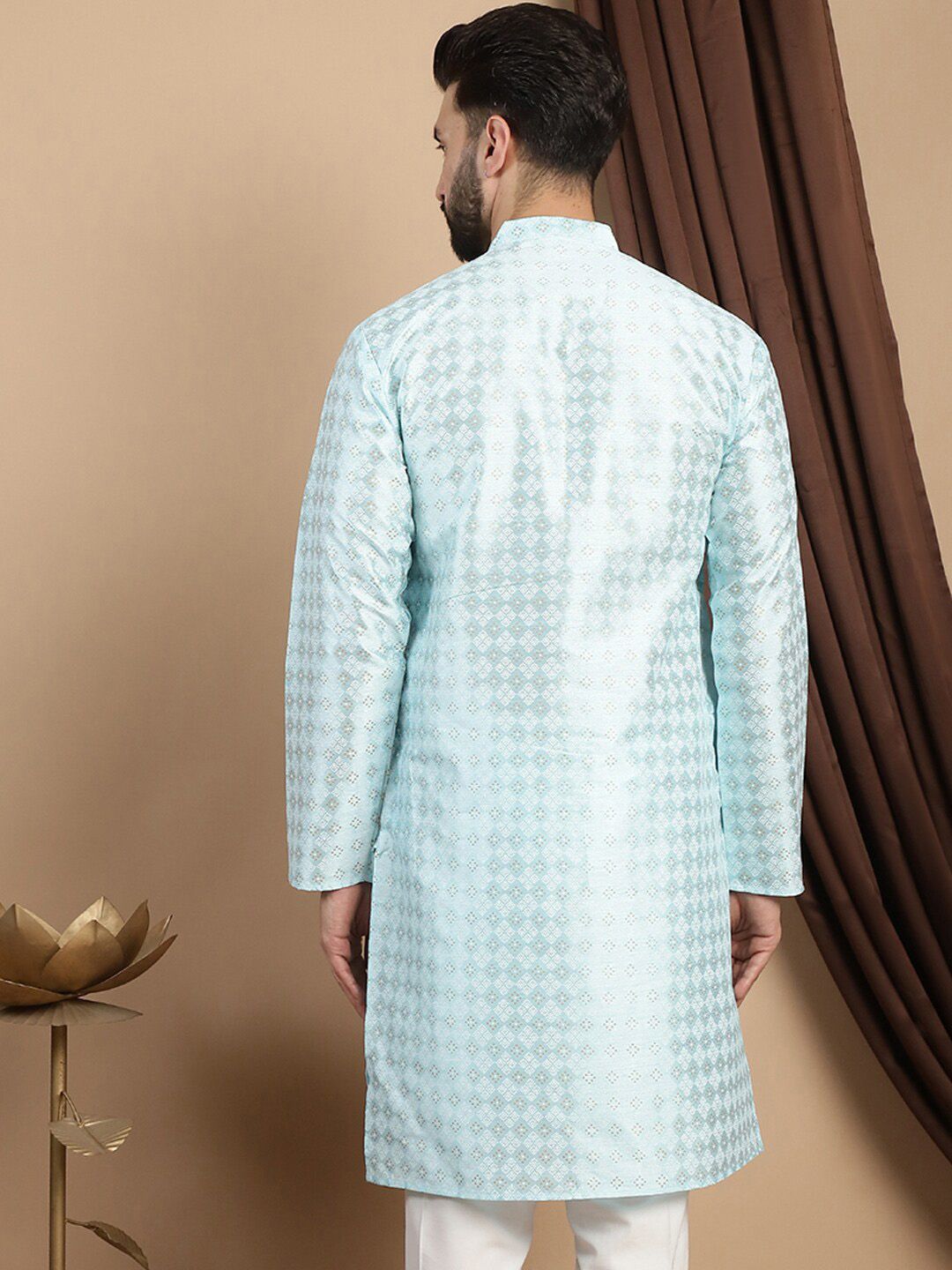 Anouk Turquoise Blue Ethnic Motifs Woven Design Mandarin Collar Kurta