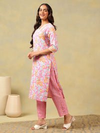 Mamicha Women Floral Printed Regular Thread Work Pure Cotton Kurta with Trousers & With Dupatta