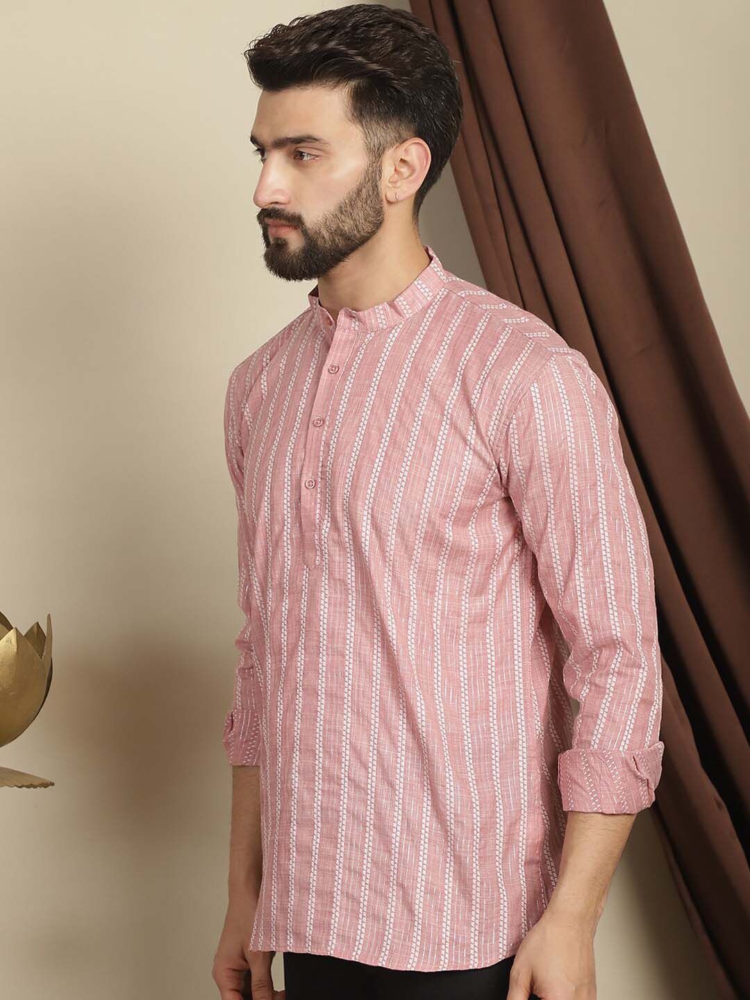 Anouk Striped Mandarin Collar Long Sleeves Thread Work Cotton Short Kurta