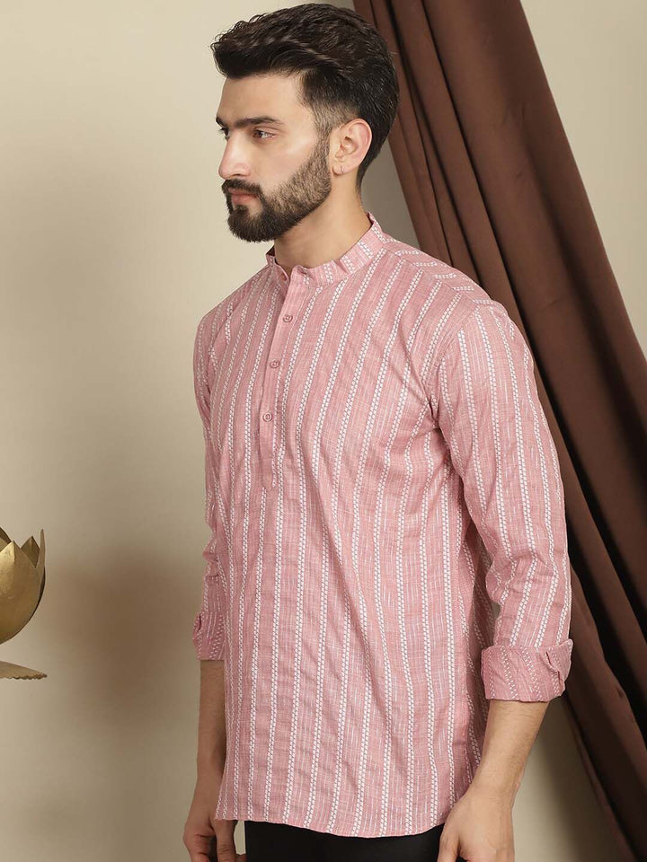 Anouk Striped Mandarin Collar Long Sleeves Thread Work Cotton Short Kurta