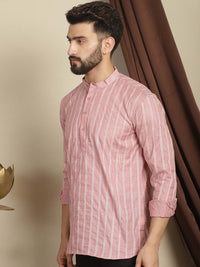 Anouk Striped Mandarin Collar Long Sleeves Thread Work Cotton Short Kurta