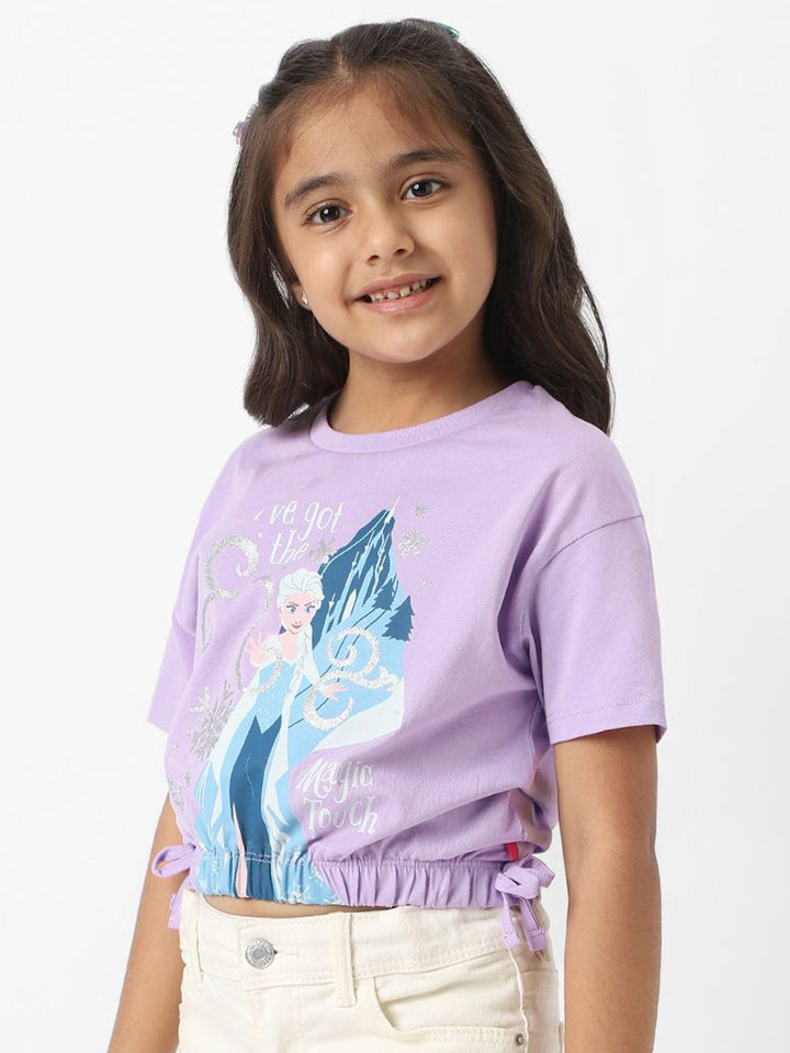 NautiNati Frozen Girls Cotton Elsa Crop T-shirt with Elasticated Hemline & Side Tie Ups