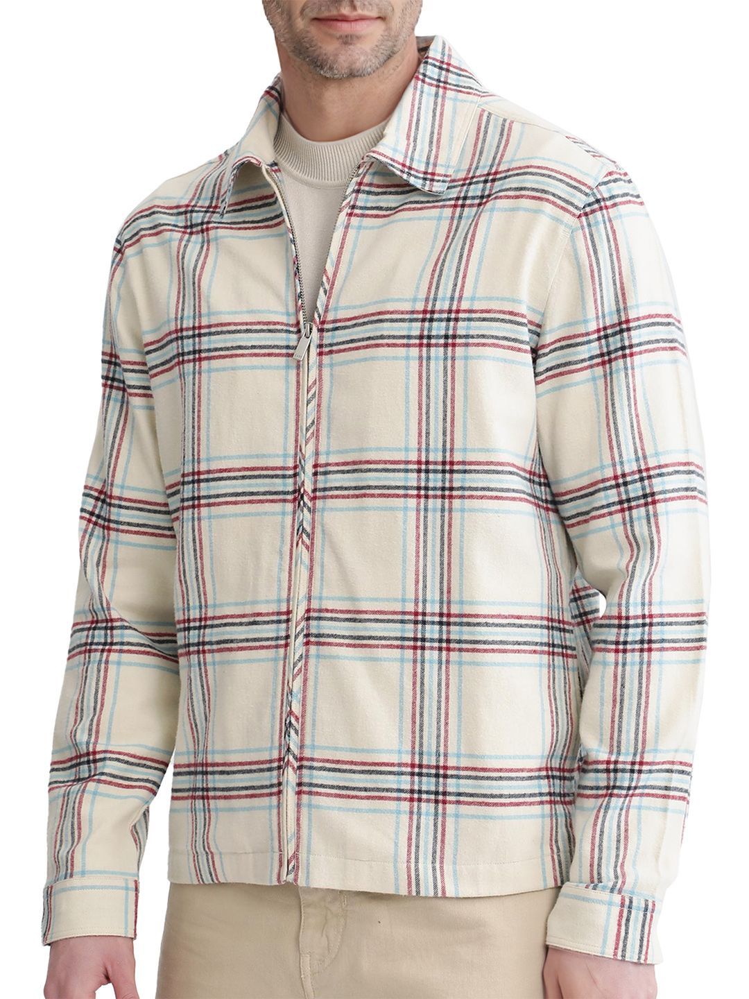 RARE RABBIT Men Checked Cotton Open Front Jacket with Embroidered