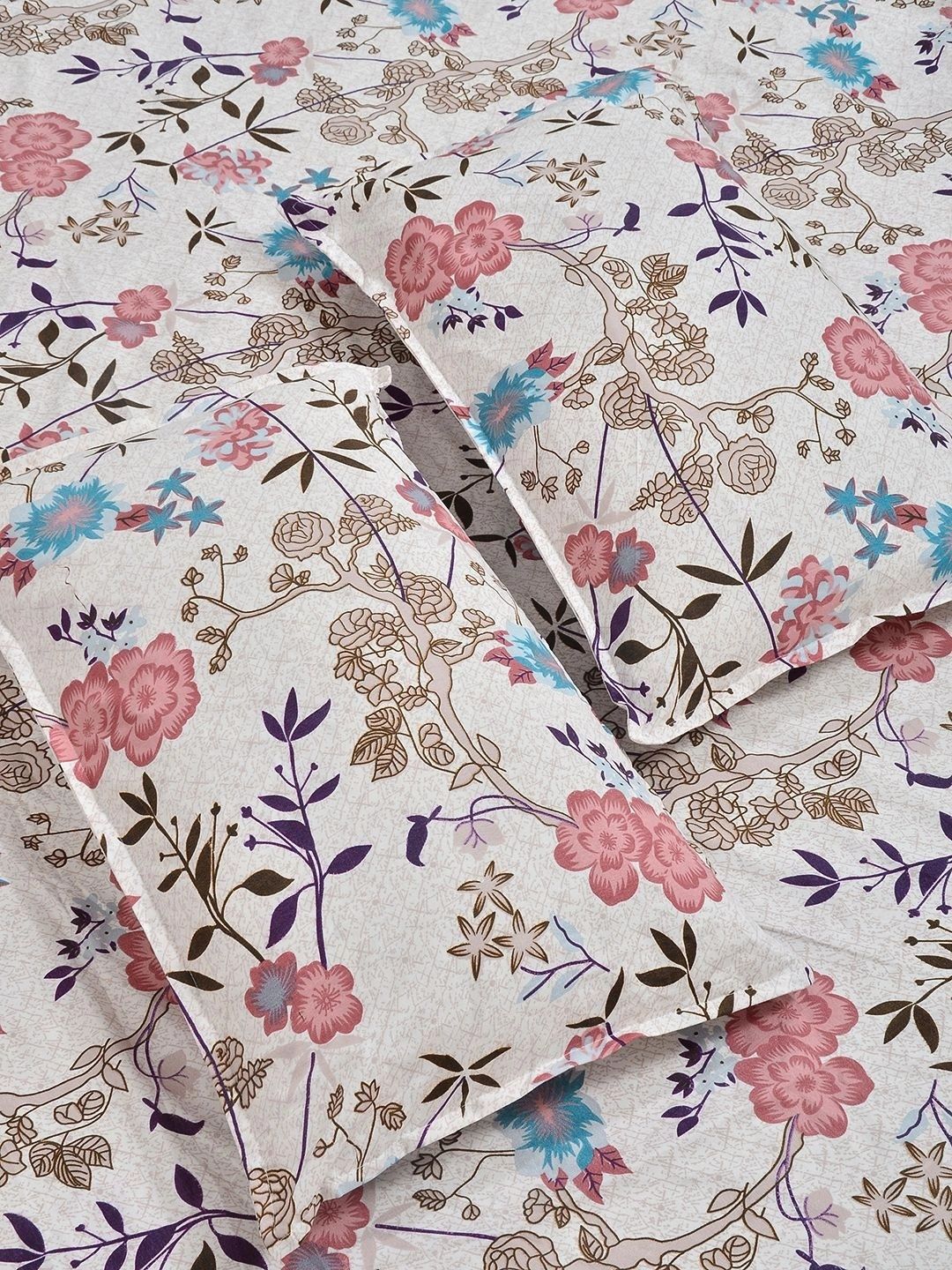 Myntra Elegant Homes Pink & White Floral 300 TC King Bedsheet with 2 Pillow Covers