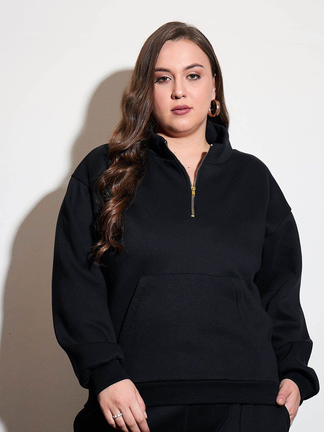 SASSAFRAS Curve Women Plus Size Long Sleeves Half Zipper Sweatshirt