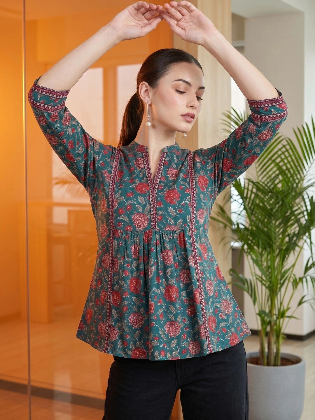Mamicha Floral Print Mandarin Collar Cotton Peplum Top