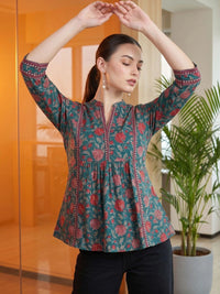 Mamicha Floral Print Mandarin Collar Cotton Peplum Top