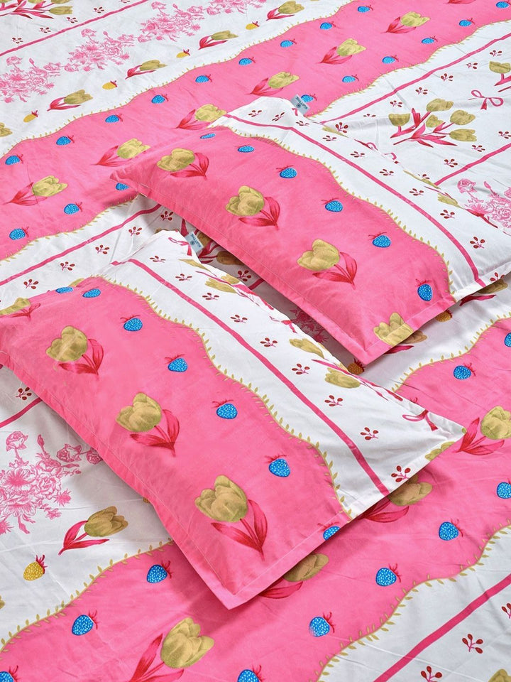 KLOTTHE Merah Jambu Kapas Bunga 300 TC Dilengkapi Cadar King Halus dengan 2 Sarung Bantal-250 x 225 cm