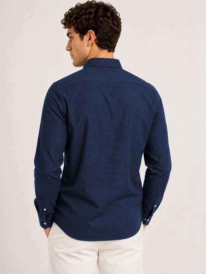 ADRO Men Navy Blue Mini Checked Regular Fit Casual Cotton Shirt