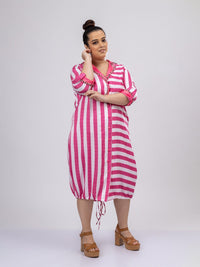 Mamicha Women Striped Shirt Collar Roll-Up Sleeves Midi Shirt Dress
