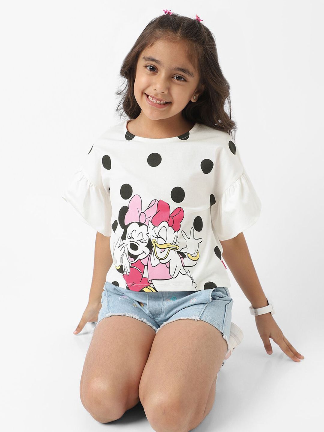 Nauti Nati Disney Girls Cotton Minnie Mouse & Daisy Polka Printed Flare Sleeves Top