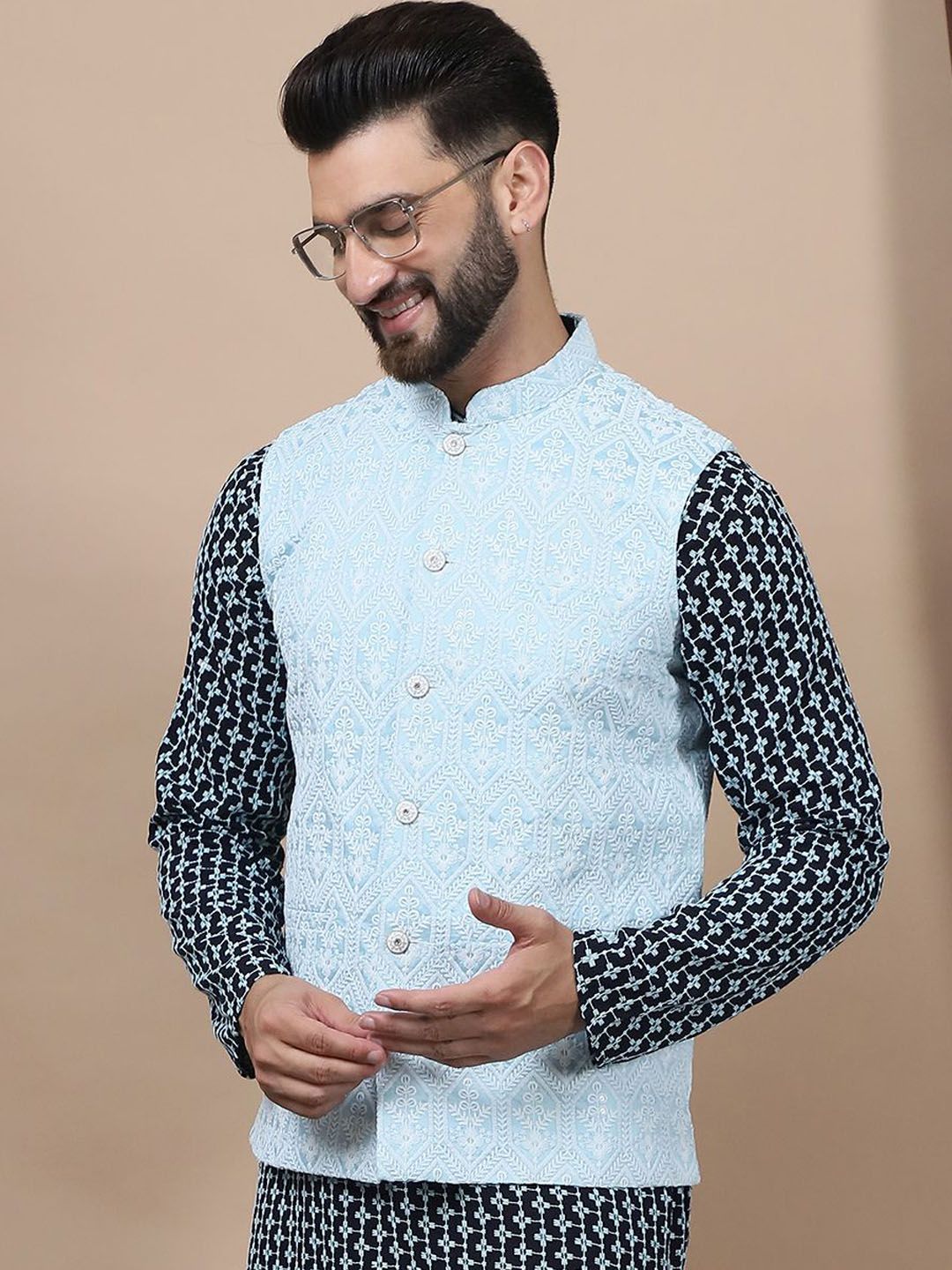 Anouk Blue Ethnic Motifs Embroidered Straight Thread Work Pure Cotton Kurta with Churidar