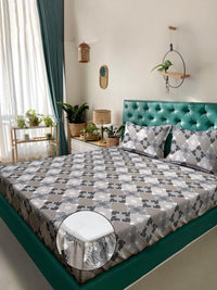 KLOTTHE Grey Ethnic Printed Fitted 400 TC Cotton King Bedsheet & 2 Pillow Covers