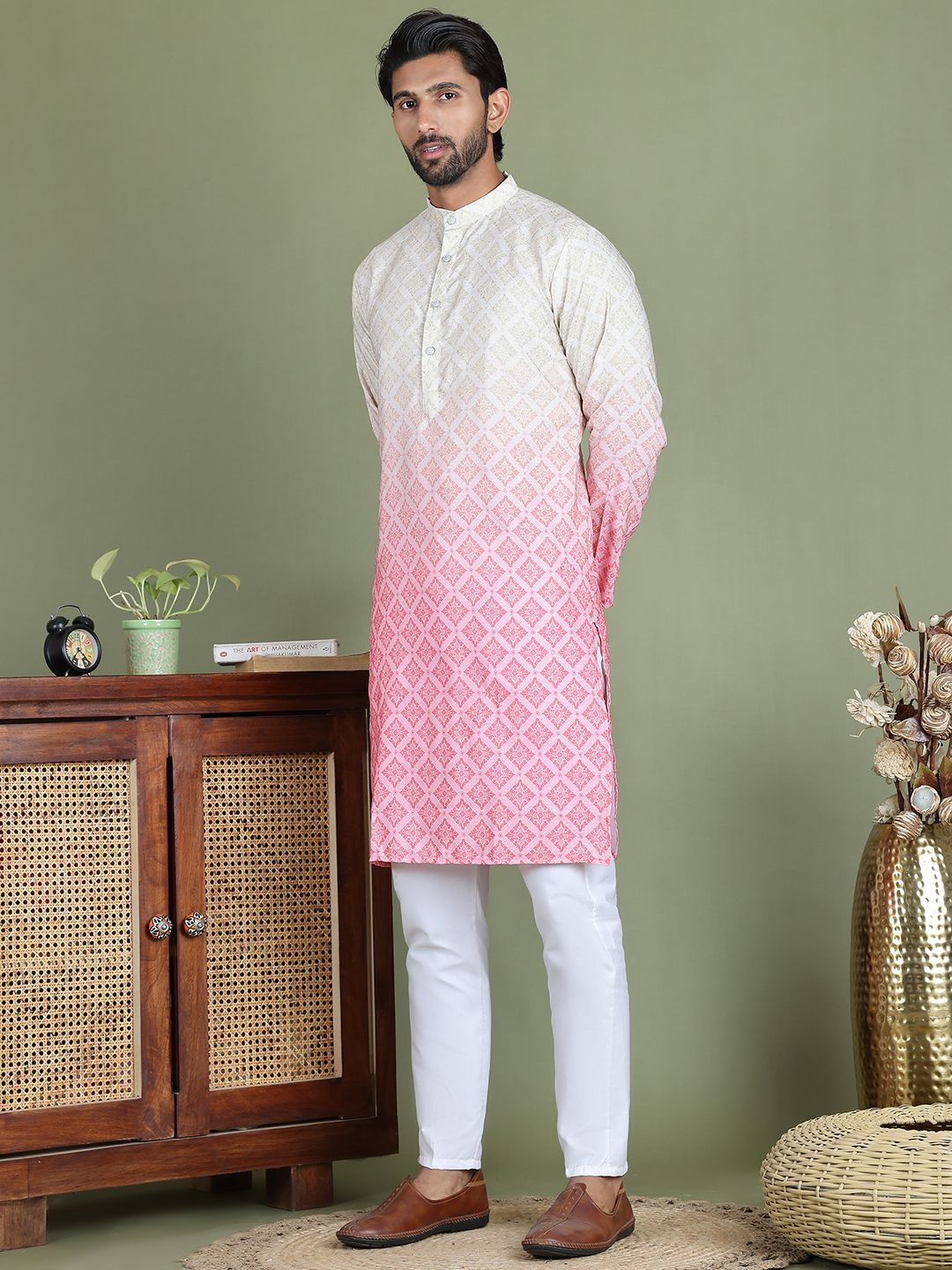 Jompers Geometric Printed Band Collar Straight Kurta With Trouser