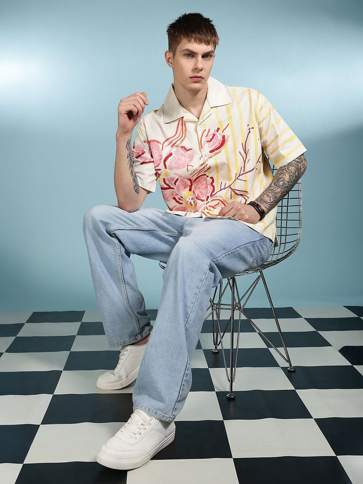 Eszett Men Floral Printed Cuban Collar Pure Cotton Casual Shirt