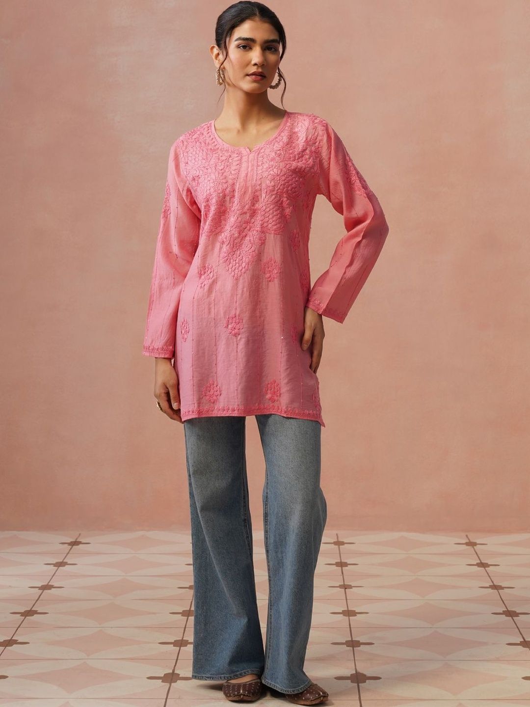 House of Chikankari Women Ethnic Motifs Embroidered Chikankari Chanderi Silk Kurta
