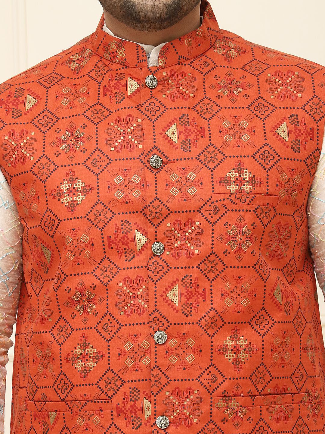 SOJANYA PLUS Lelaki Plus Size Printed Mandarin Collar Nehru Jaket