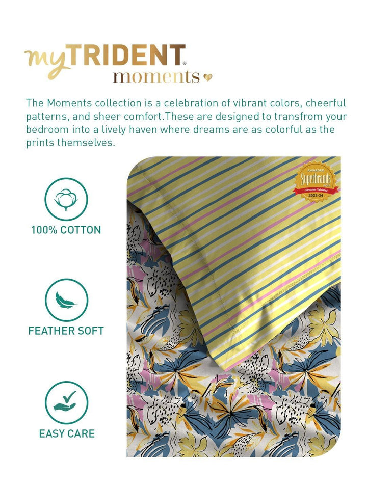 MYTRIDENT Dahlia Yellow Moments Flat 120TC Queen Cotton 1 Bedsheet with 2 Pillow Covers
