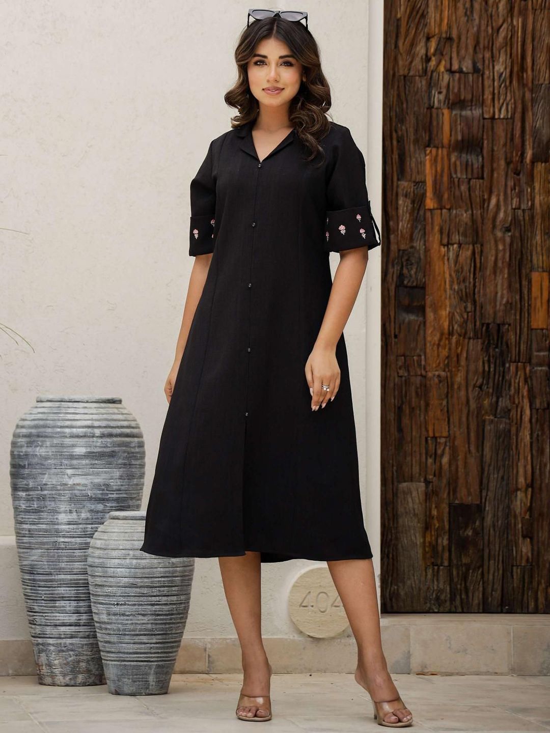 Mamicha Women Shirt Collar Roll Up Sleeves Cotton Shirt Midi Dress