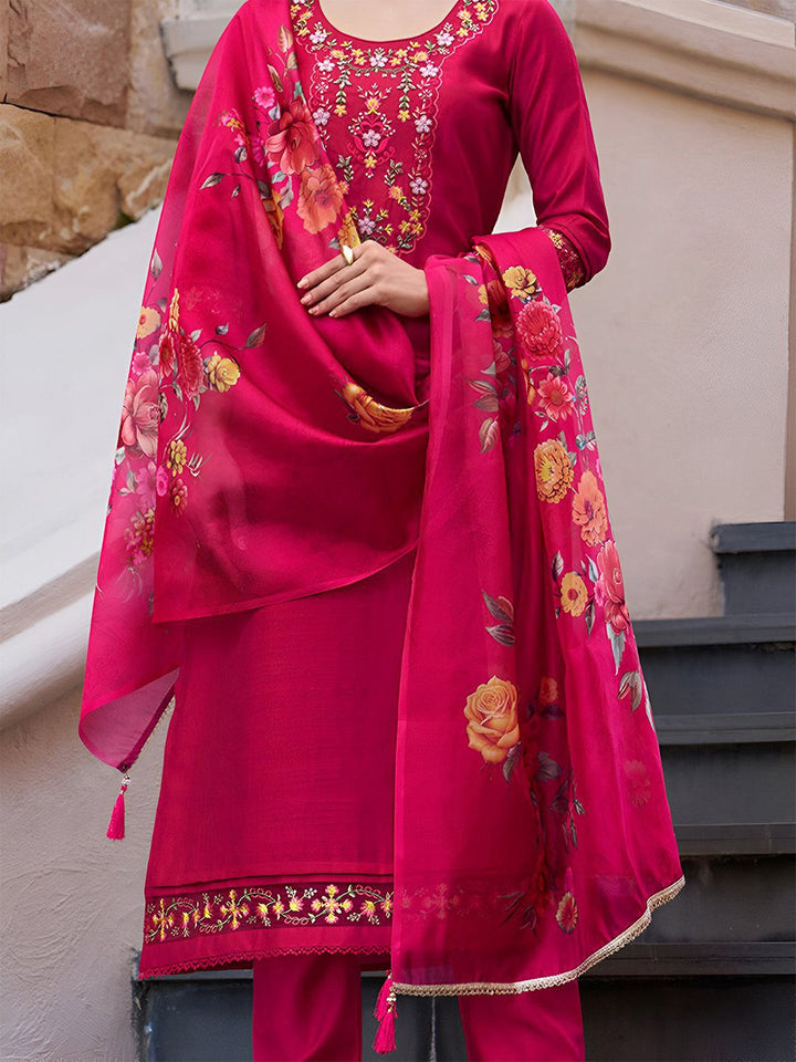 Varanga Floral Yoke Design Thread Work Straight Kurta With Trouser And Dupatta