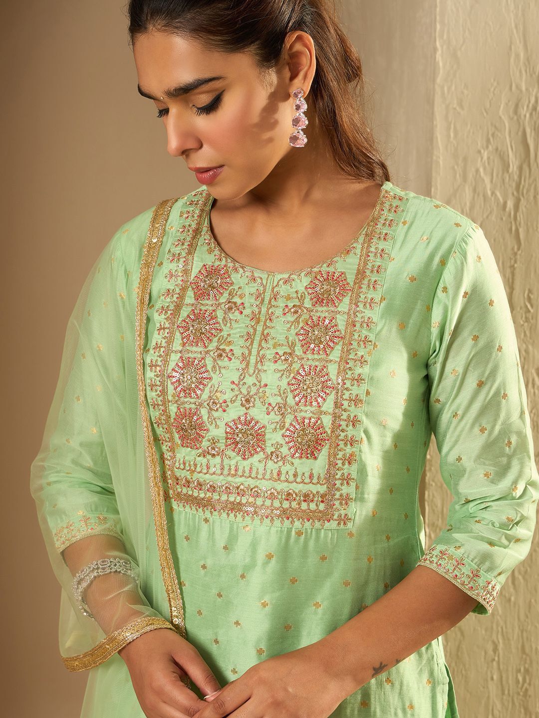 Indo Era Floral Embroidered Chanderi Silk Straight Kurta With Trousers & Dupatta