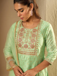 Indo Era Floral Embroidered Chanderi Silk Straight Kurta With Trousers & Dupatta