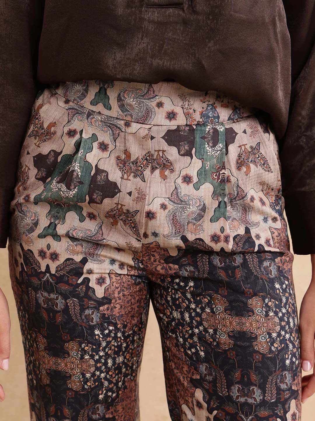 RAREISM Women Cotton Printed Comfort Straight Fit High-Rise Trousers